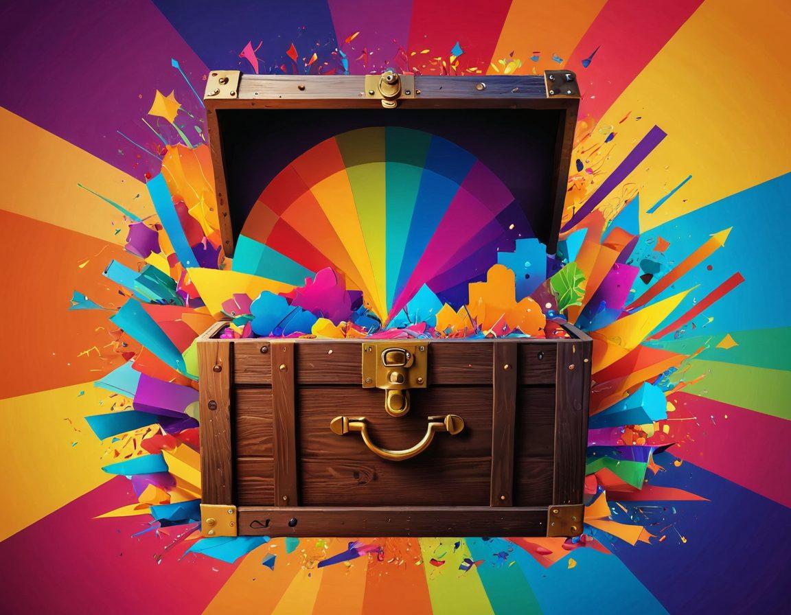 A vibrant kaleidoscope of colorful data visualizations pouring out of an open treasure chest, symbolizing the unlocking of joy through dynamic graphics. Include engaging charts, playful graphs, and friendly icons, merging technology with warmth. The background should be bright and inviting, creating an atmosphere of creativity and inspiration. digital art. vibrant colors. abstract.