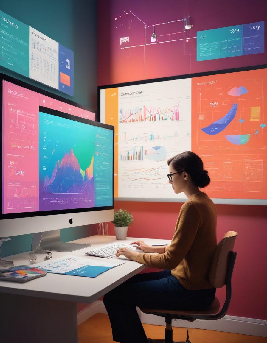 A visually captivating scene showcasing a designer at work, surrounded by colorful graphs and user interface mockups. Elements such as storytelling icons, playful data visualizations, and a bright color palette come together to create an inspiring atmosphere. The background features a whimsical flow of data transforming into engaging visuals, symbolizing the journey from numbers to narratives. The overall composition conveys creativity and accessibility in design. vibrant colors. super-realistic.